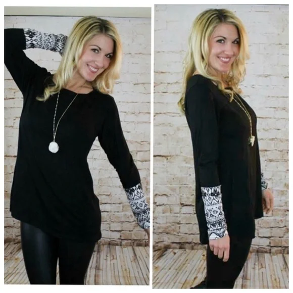 Chris & Carol, Black Long Sleeve Shirt With Contrast Tribal Cuffs - Picture 3 of 7